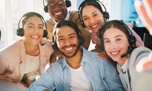 Selfie, call centre and people with headset in office for communication, customer service or telema.